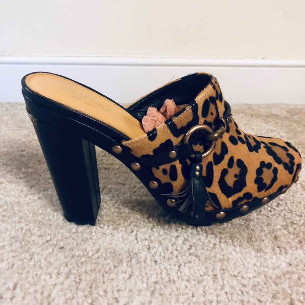 Coach calf hair leopard clog mules